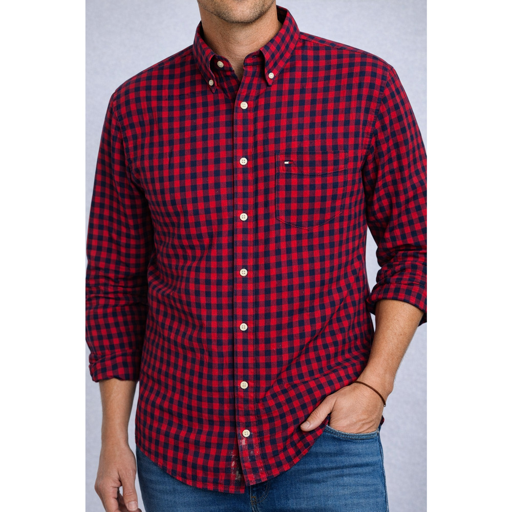 Tommy Hilfiger Men’s‎ Red Navy Gingham Button Down Shirt Size Small